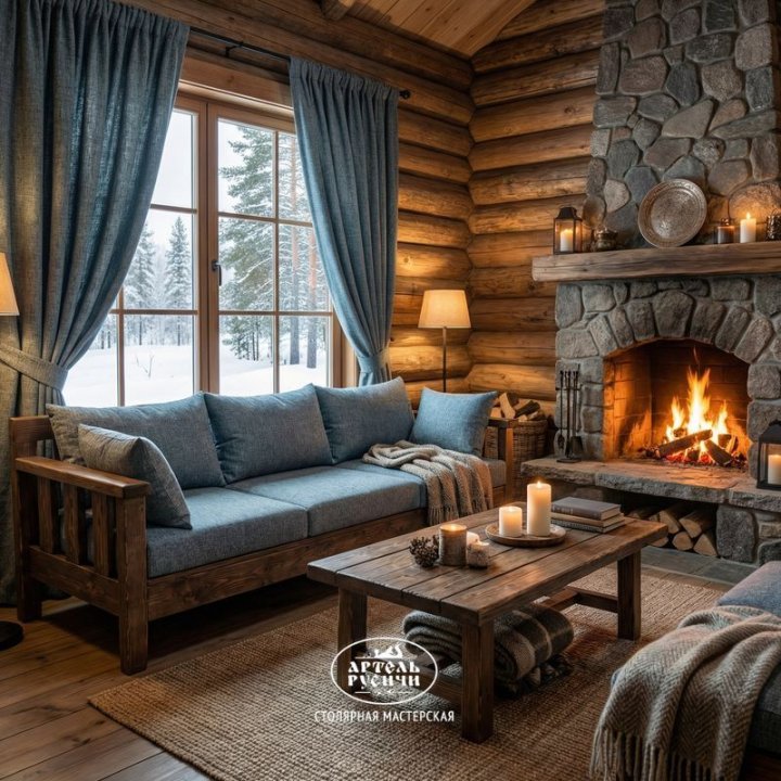 Диван из массива сосны с мягкими подушками в интерьере на даче