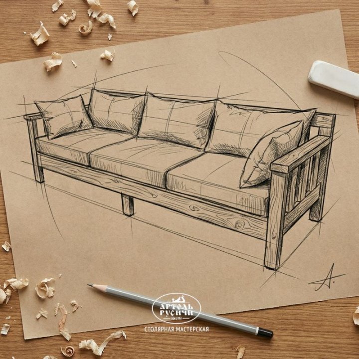 Эскиз прямого дивана, рисунок простым карандашом