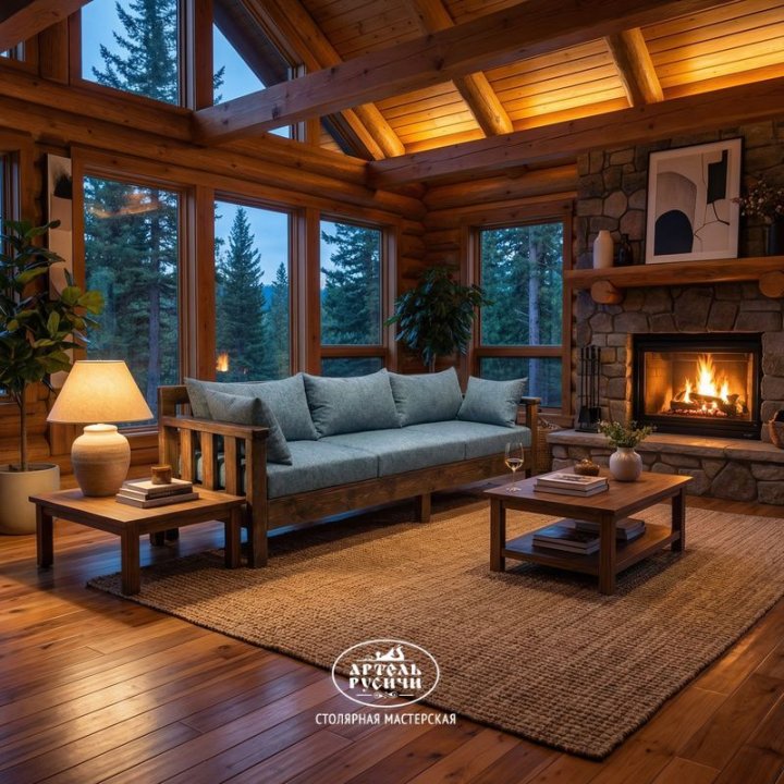 Диван из натурального дерева с мягкими подушками в интерьере гостиной
