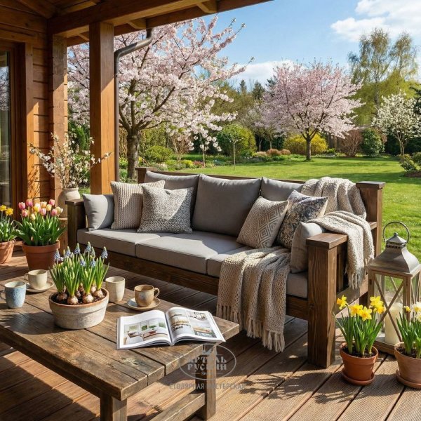 Прямой диван «Суздальский» из массива дерева в стиле лофт с мягкими подушками