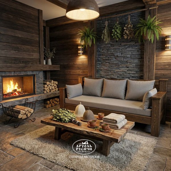 Прямой диван «Суздальский» из массива дерева в стиле лофт с мягкими подушками в комнате отдыха бани