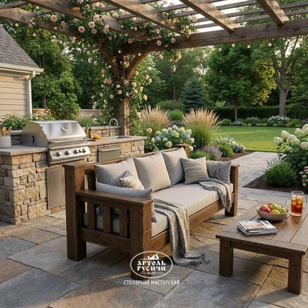 Прямой диван «Суздальский» из массива дерева в стиле лофт с мягкими подушками в зоне барбекю