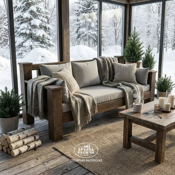 Прямой диван «Суздальский» из массива дерева в стиле лофт с мягкими подушками на застекленной террасе
