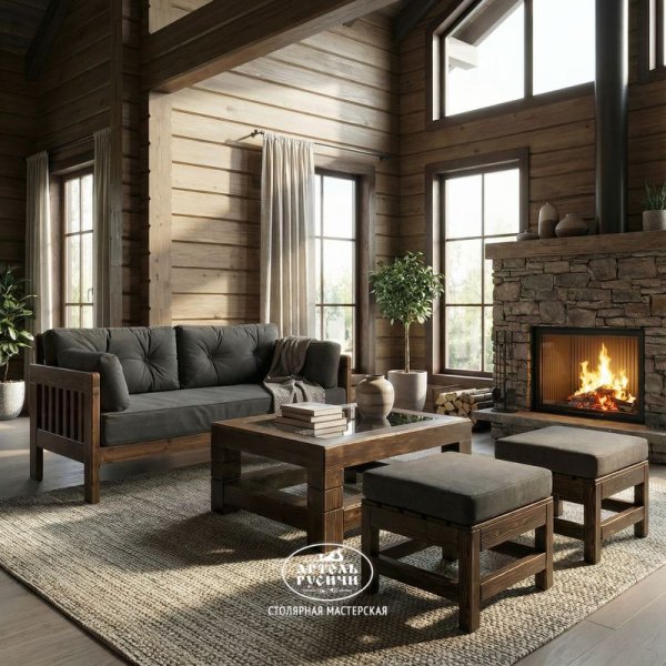 Пуф из массива дерева с подушкой в гостиной