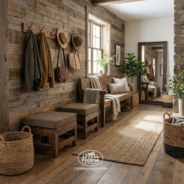 Пуф из дерева с мягкой подушкой в коридоре