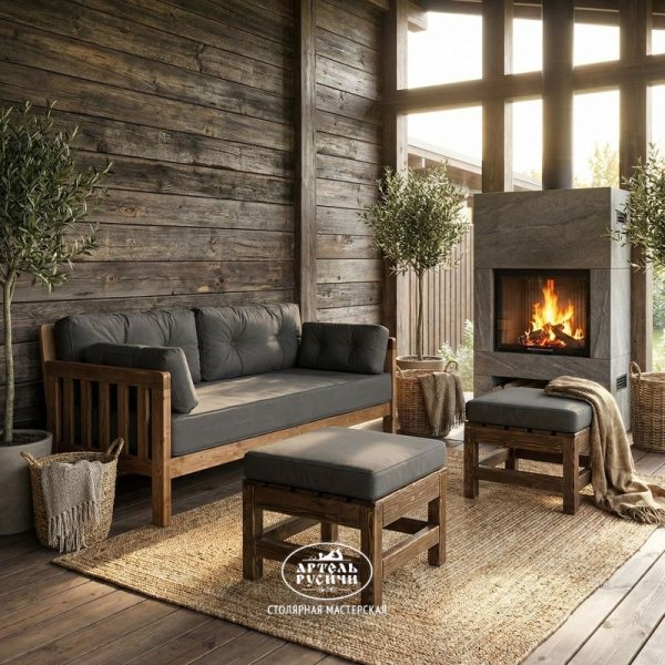 Диван и пуфы с подушками в гостиной