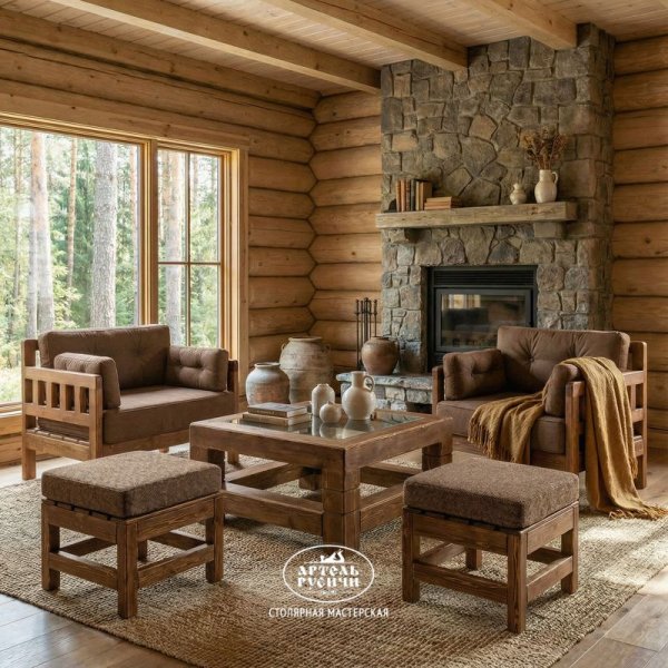 Пуф из массива дерева с подушками в интерьере гостиной на даче