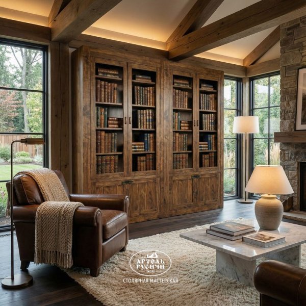 Шкаф из массива дерева со стеклянными дверцами для книг и коллекций