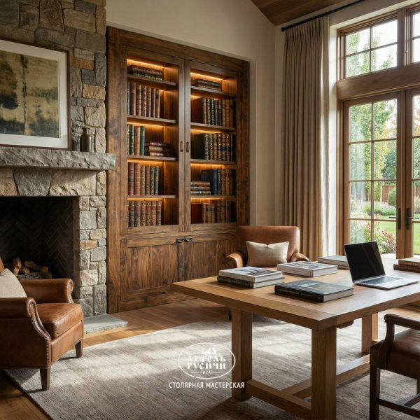 Шкаф из массива дерева со стеклянными дверцами для книг и коллекций