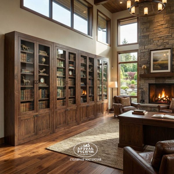 Шкаф из массива дерева со стеклянными дверцами для книг и коллекций