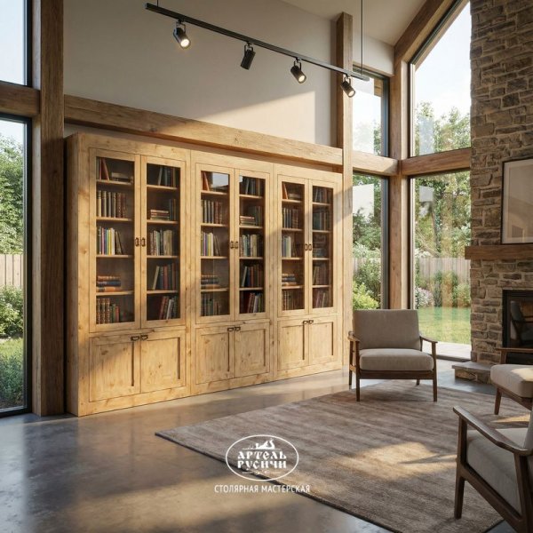 Шкаф из массива дерева со стеклянными дверцами для книг и коллекций