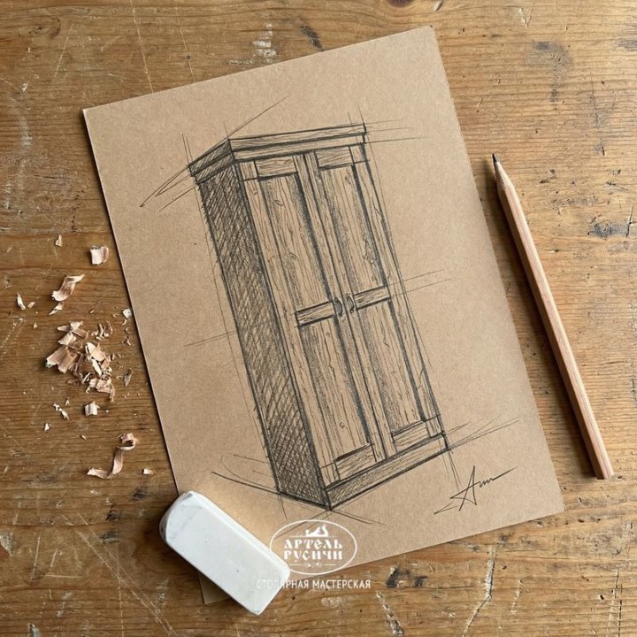 Эскиз шкафа из массива дерева, рисунок простым карандашом