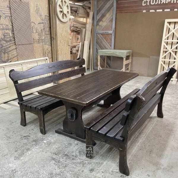 Состаренная мебель из массива «Псковская»| стол и 2 скамьи