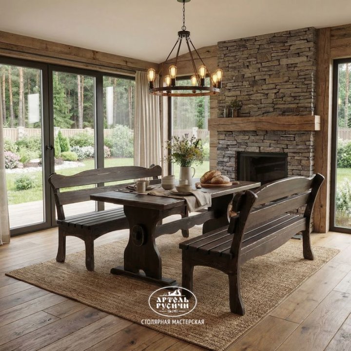 Состаренная мебель из массива «Псковская»| стол и 2 скамьи фото в интерьере