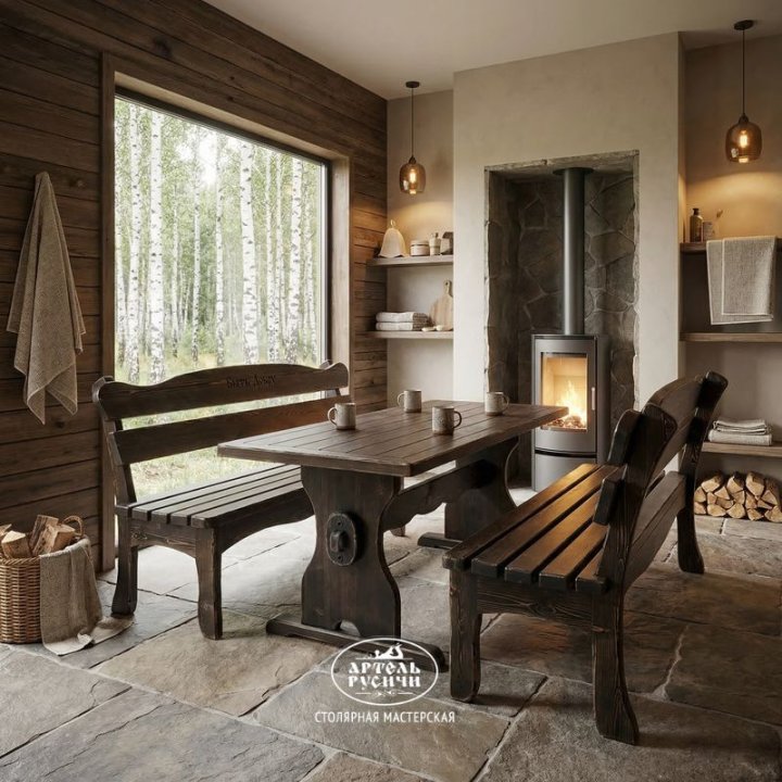 Состаренная мебель из массива «Псковская»| стол и 2 скамьи фото крупный план