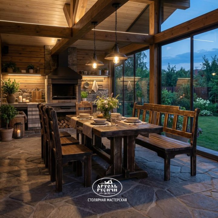 Состаренная мебель «Ладожская» — русский Лофт | на 7-8 персон в беседке