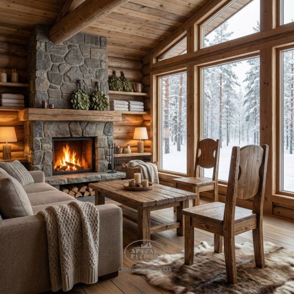 Состаренный стул из массива дерева «Псковский» в комнате отдыха бани