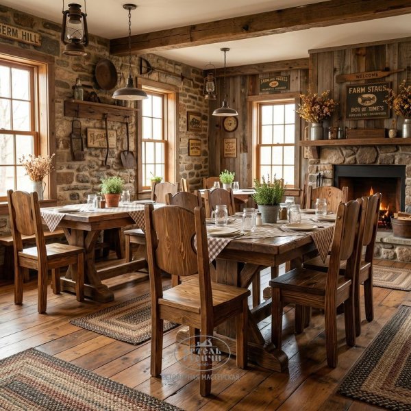 Состаренный стул из массива дерева «Псковский» в интерьере кафе