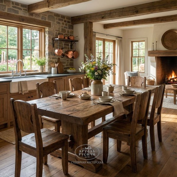 Деревянные стулья из массива дерева под старину в интерьере кухни-столовой