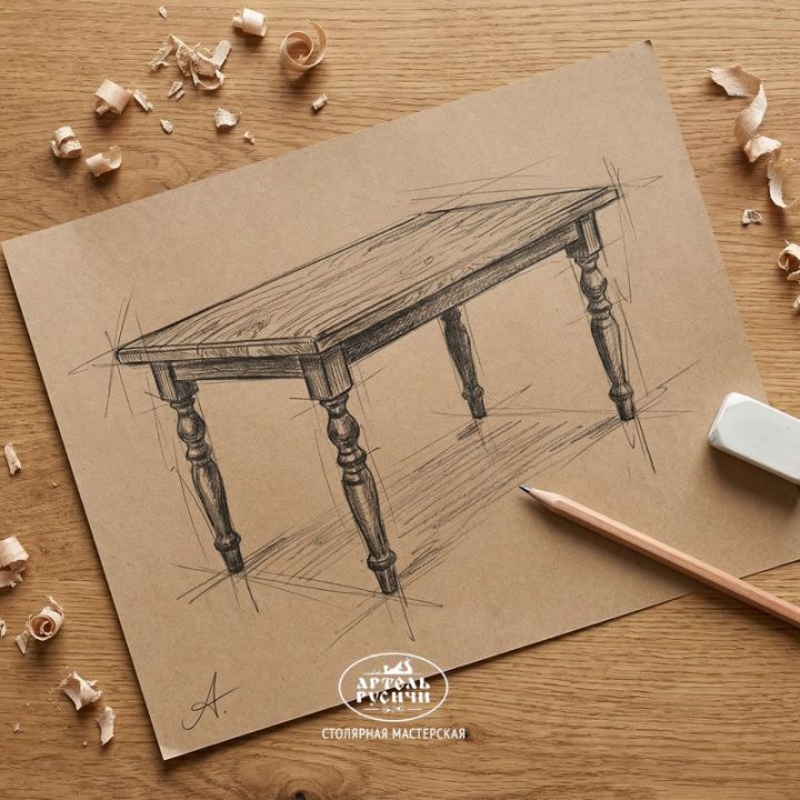 Эскиз дубового обеденного стола с ножками из массива северной сосны. Рисунок простым карандашом
