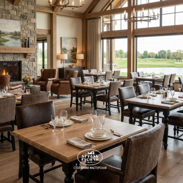 Обеденный стол Купеческий из массива дуба и сосны в интерьере загородного клуба