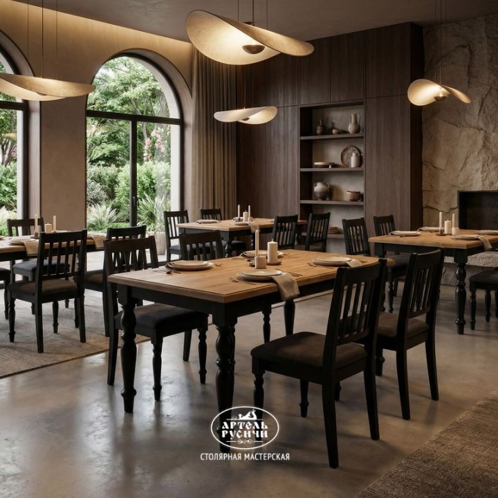 Стол Купеческий из массива дуба и сосны в интерьере ресторана