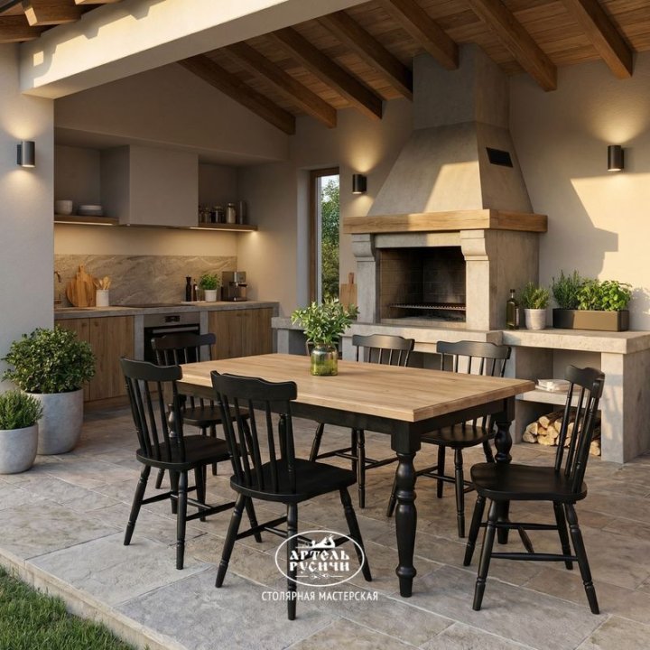 Деревянный стол из дуба и сосны в интерьере зоны барбекю