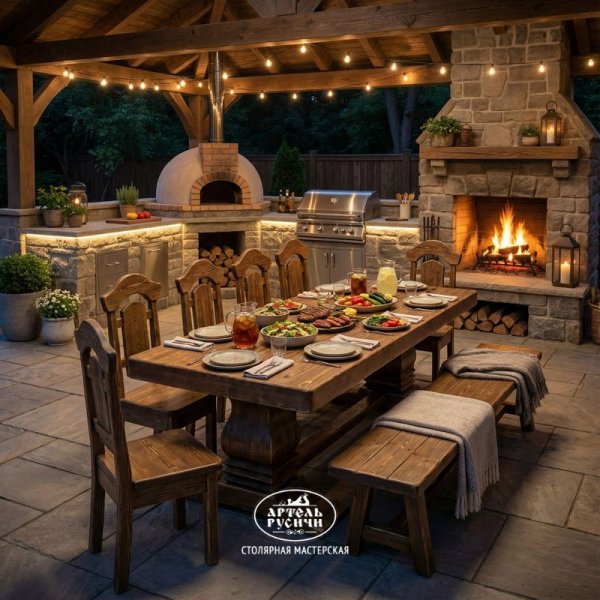 Стул из массива сосны «Белгородский» в зоне барбекю