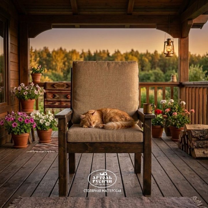 Стул из массива дерева с мягкими подушками и подлокотниками на террасе