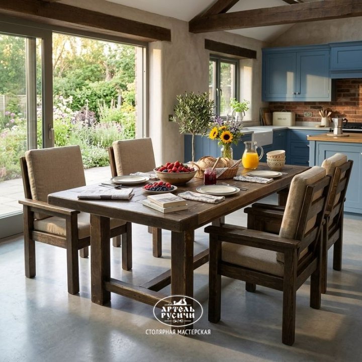 Обеденная группа в стиле кантри стол, 4 стула с подлокотниками и мягкими подушками