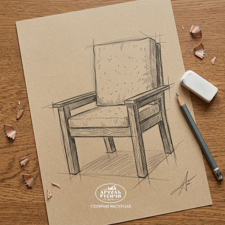 Эскиз стула в стиле кантри с мягкими подушками, рисунок простым карандашом