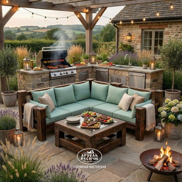 Угловой диван из массива дерева с мягкими подушками и журнальный столик в стиле лофт в зоне барбекю