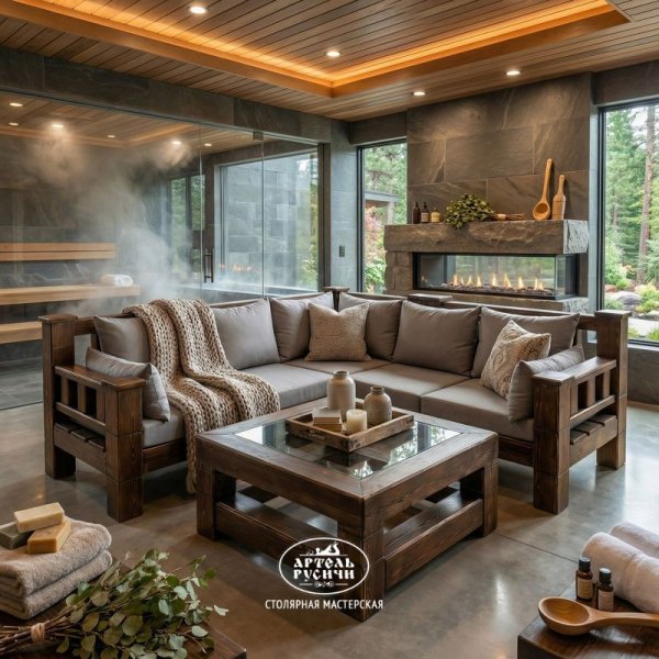 Угловой диван из массива дерева с мягкими подушками и журнальный столик в стиле лофт в комнате отдыха бани