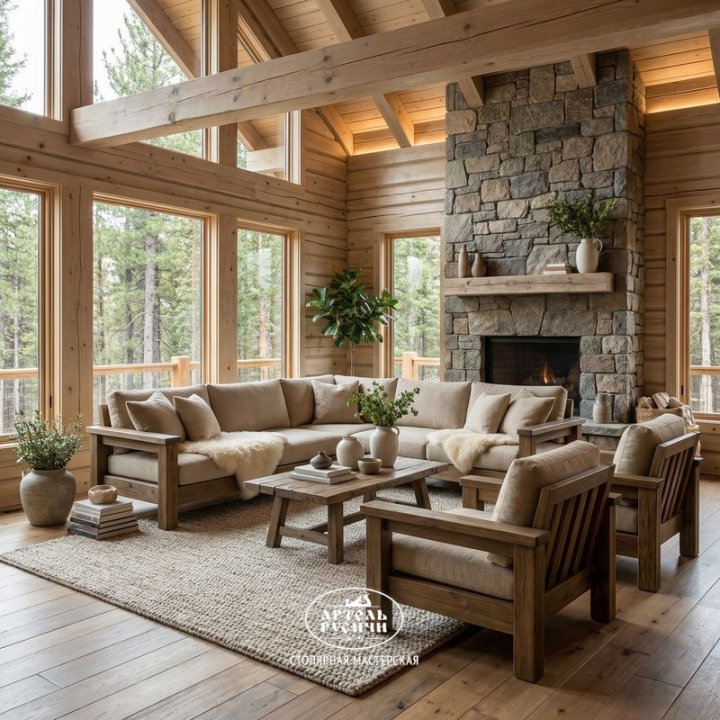 Угловой диван из массива дуба с подушками в интерьере гостиной загородного дома