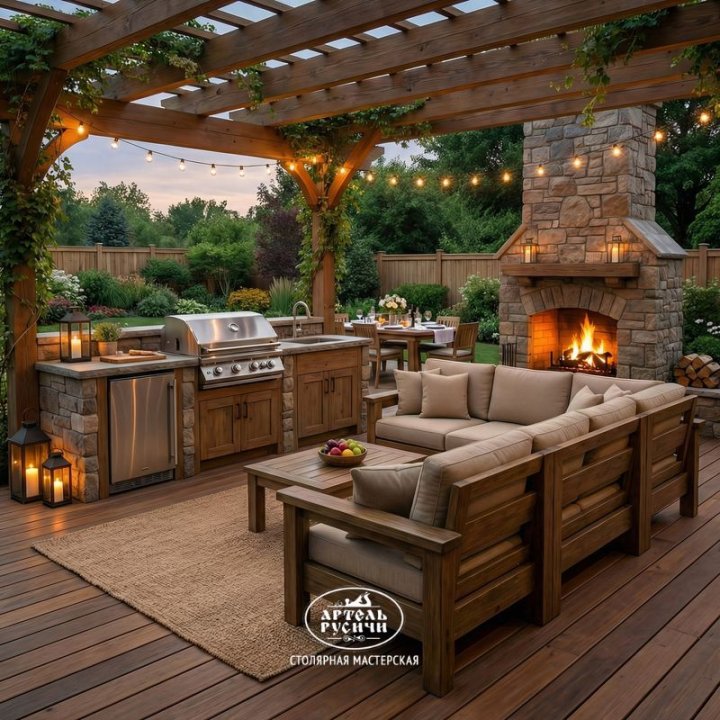 Угловой диван из массива дуба с мягкими подушками в зоне-барбекю