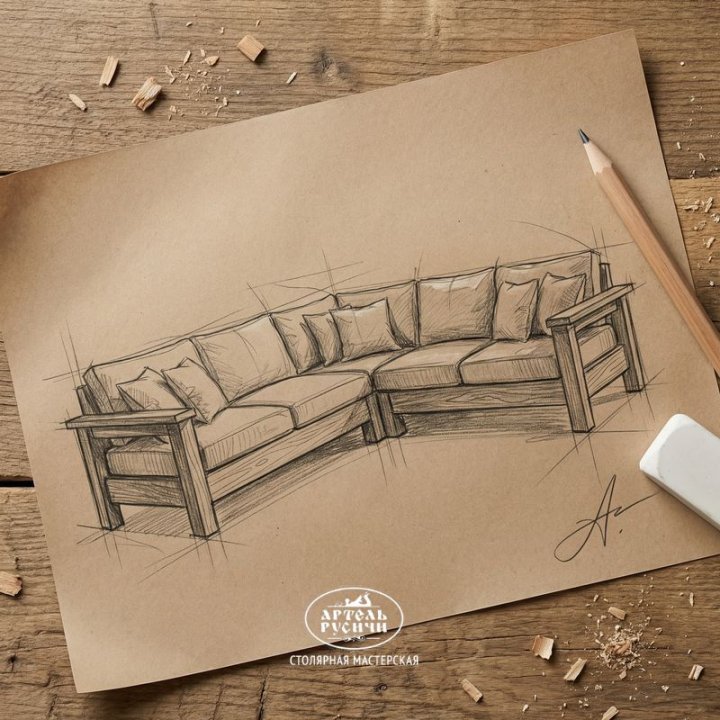 Эскиз углового дивана с подушками, рисунок простым карандашом