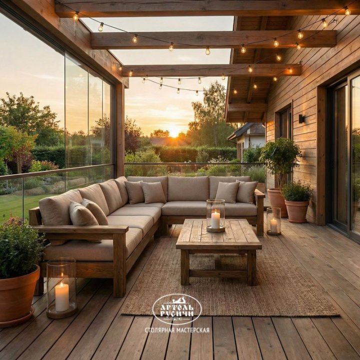 Угловой диван из массива дуба с мягкими подушками на террасе