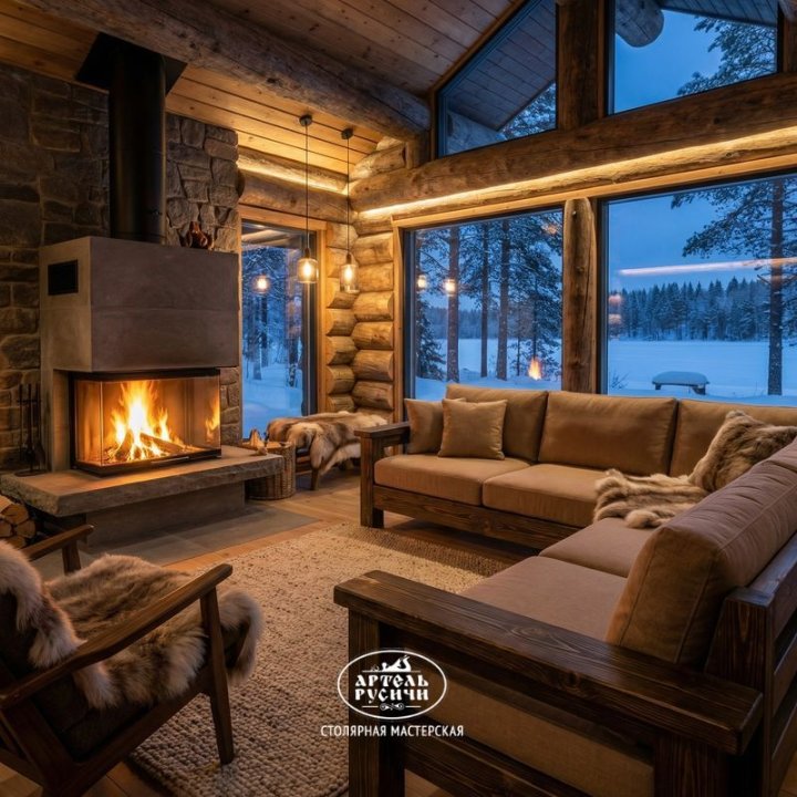 Угловой диван из массива северной сосны с мягкими подушками в интерьере шале