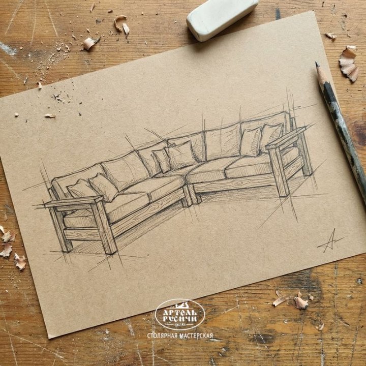 Эскиз углового дивана с мягкими подушками, рисунок простым карандашом