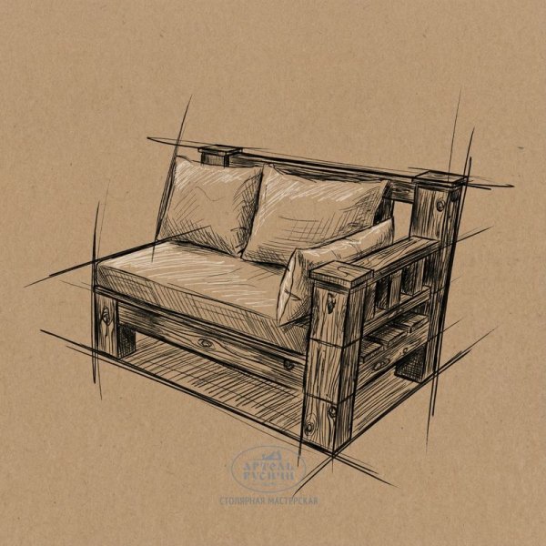 Угловой элемент дивана из массива сосны с подушками правый/левый эскиз