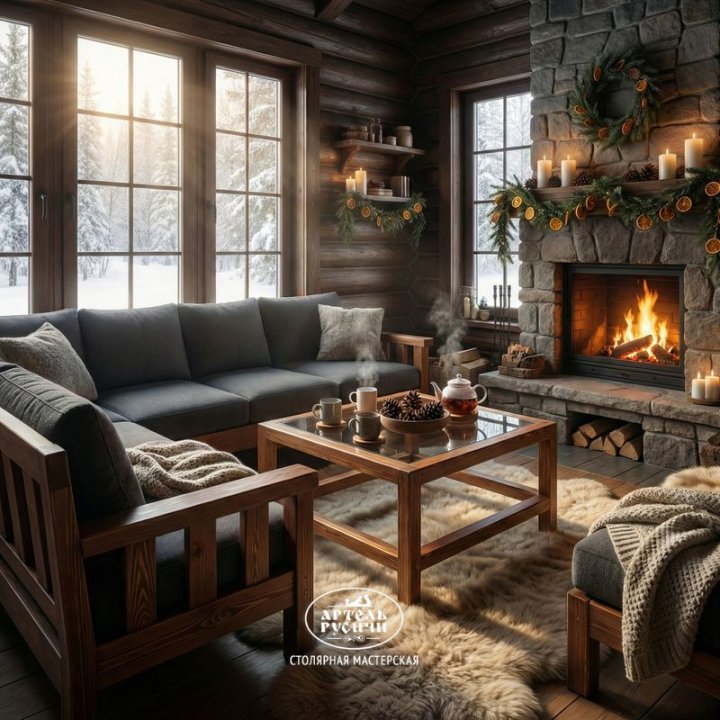 Диван-скамья с мягкими подушками «Русский лофт» в интерьере 