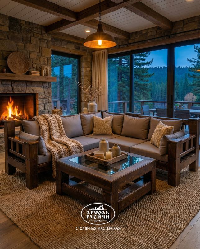 Диванная группа из "Суздальской" коллекции в интерьере шале