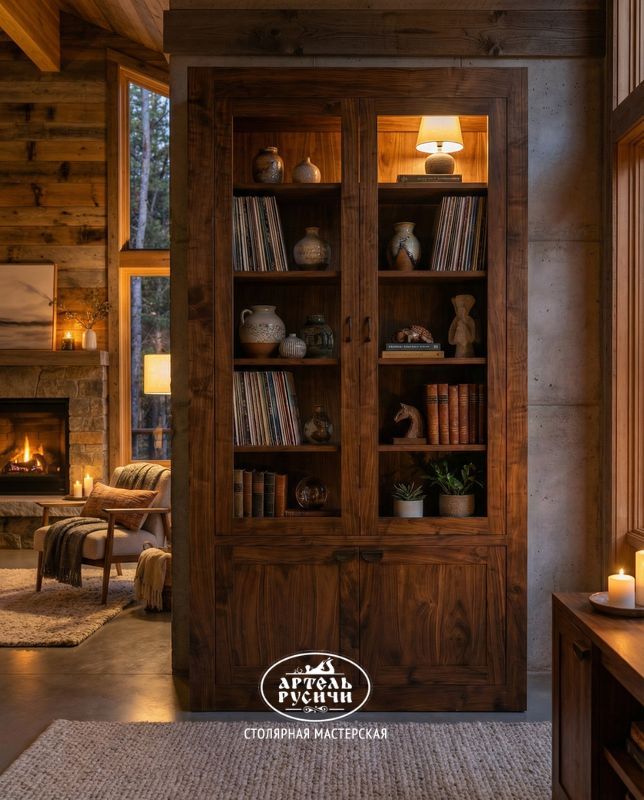Книжный шкаф из массива дерева для гостиной, кабинета, гостиницы