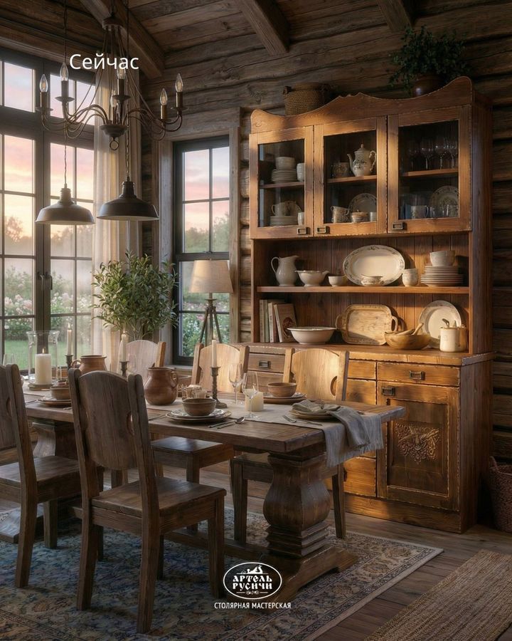 Деревянная мебель в интерьере кухни-столовой  загородного дома