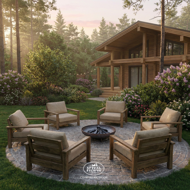 Кресла из массива дерева с мягкими подушками в стиле кантри