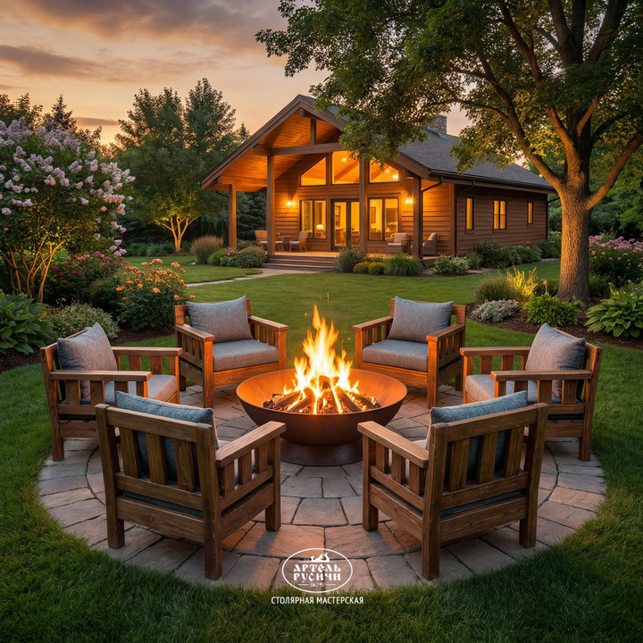 Кресла из массива дерева с мягкими подушками