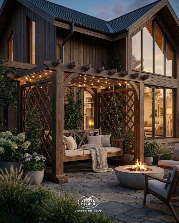 Качели из массива дерева с перголой