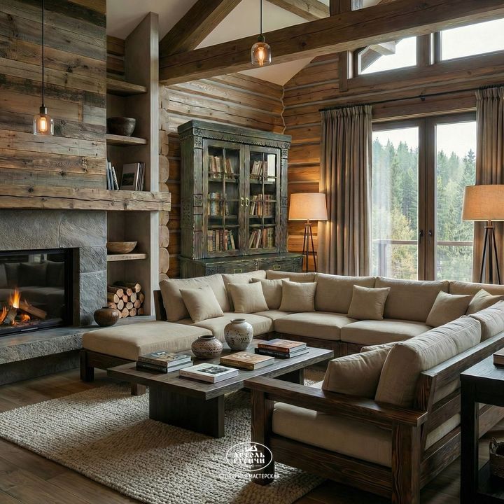 П-образный диван из массива дерева с мягкими подушками для гостиной и лаундж-зоны