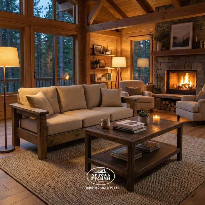 Диван из массива дерева с мягкими подушками и журнальный столик