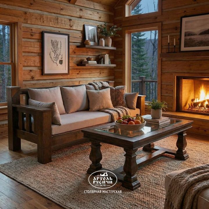 Деревянная мебель в интерьере гостиной на даче